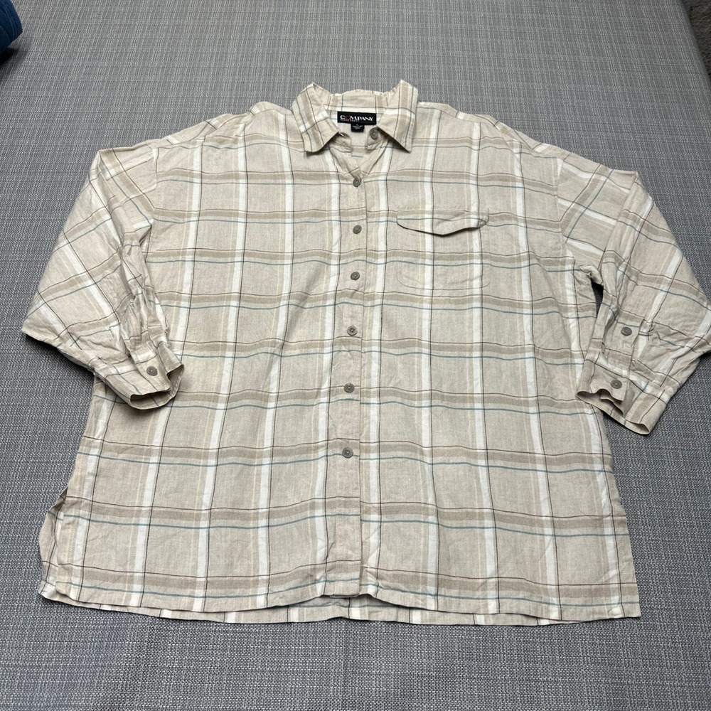 Ellen Tracy Company Linen Plaid Button‎ Up Shirt Top Large Beige Coastal Casual
